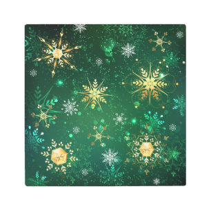 Xmas Golden Snowflakes on Green Background Metal Print