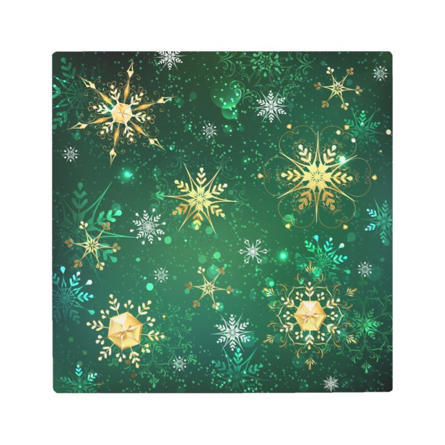 Xmas Golden Snowflakes on Green Background Metal Print (Front)