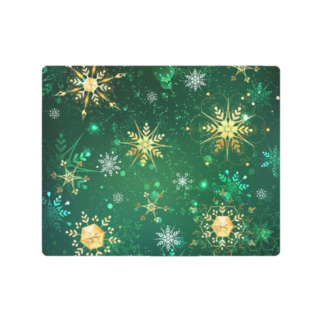 Xmas Golden Snowflakes on Green Background Metal Print (Front)