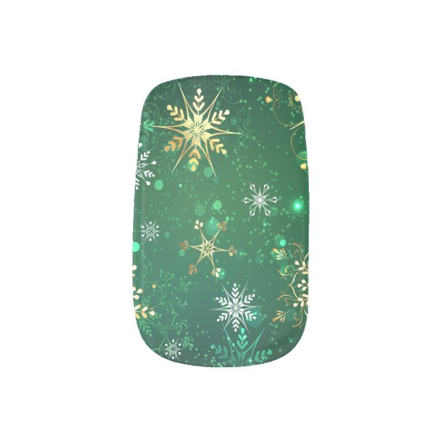 Xmas Golden Snowflakes on Green Background Minx Nail Art (Left Thumb)
