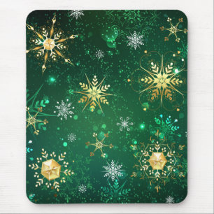 Xmas Golden Snowflakes on Green Background Mouse Pad