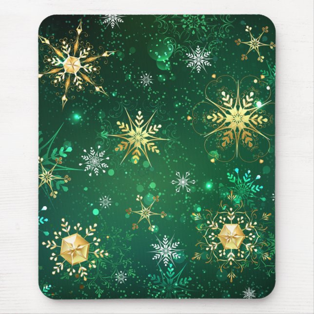 Xmas Golden Snowflakes on Green Background Mouse Pad (Front)