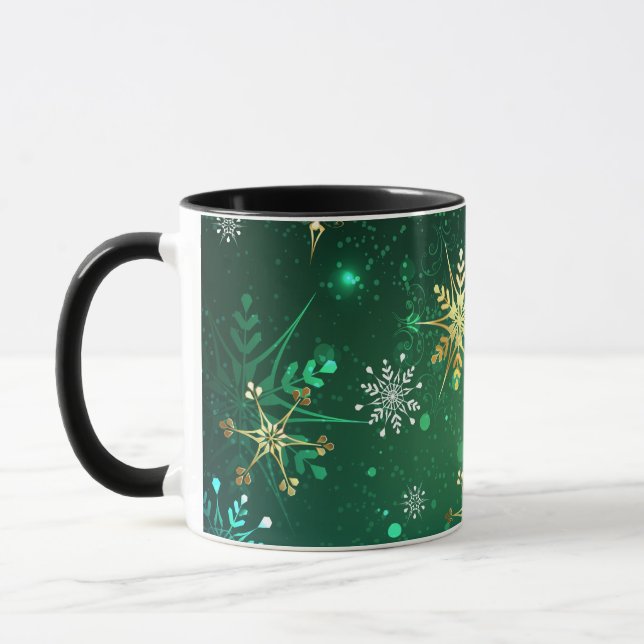 Xmas Golden Snowflakes on Green Background Mug (Left)