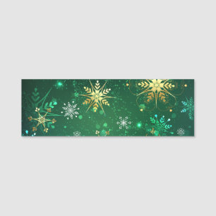 Xmas Golden Snowflakes on Green Background Name Tag