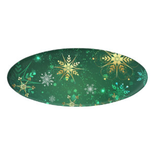 Xmas Golden Snowflakes on Green Background Name Tag