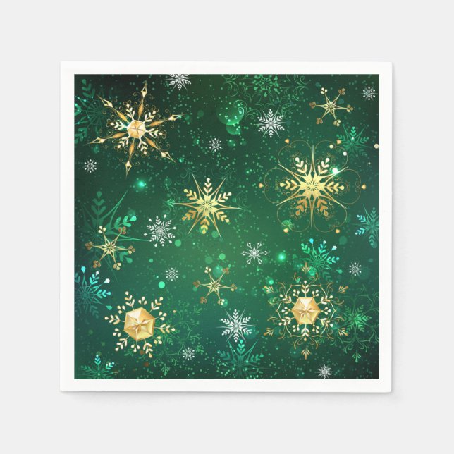 Xmas Golden Snowflakes on Green Background Napkins (Front)