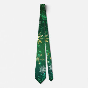 Xmas Golden Snowflakes on Green Background Neck Tie