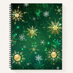 Xmas Golden Snowflakes on Green Background Notebook