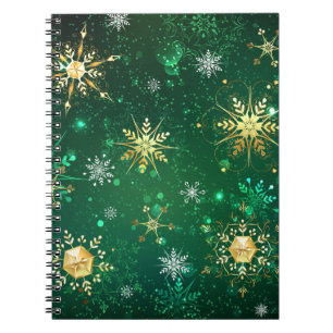 Xmas Golden Snowflakes on Green Background Notebook