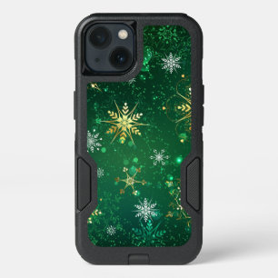 Xmas Golden Snowflakes on Green Background iPhone 13 Case