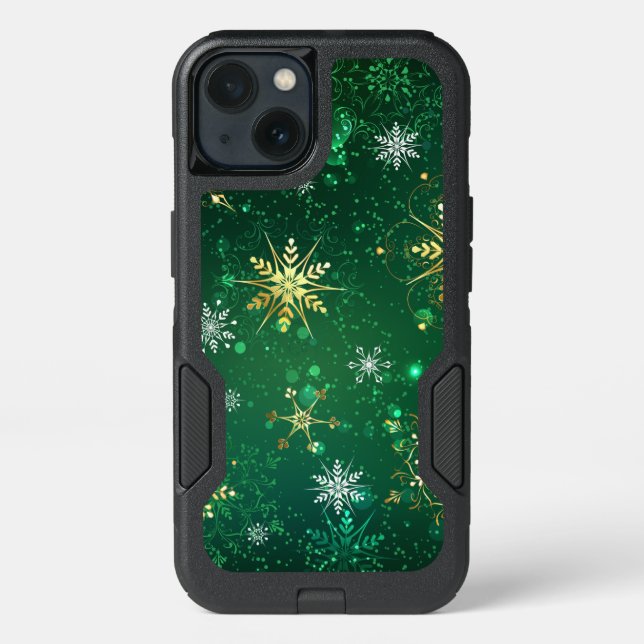 Xmas Golden Snowflakes on Green Background Otterbox iPhone Case (Back)