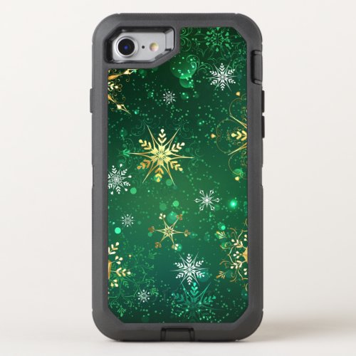 Xmas Golden Snowflakes on Green Background OtterBox Defender iPhone SE87 Case