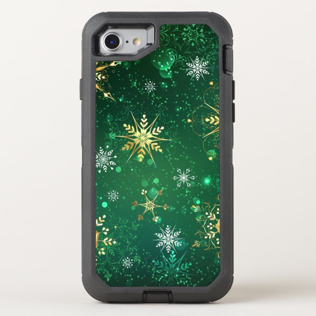 Xmas Golden Snowflakes on Green Background Otterbox iPhone Case (Back)