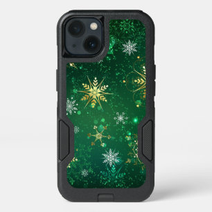 Xmas Golden Snowflakes on Green Background iPhone 13 Case
