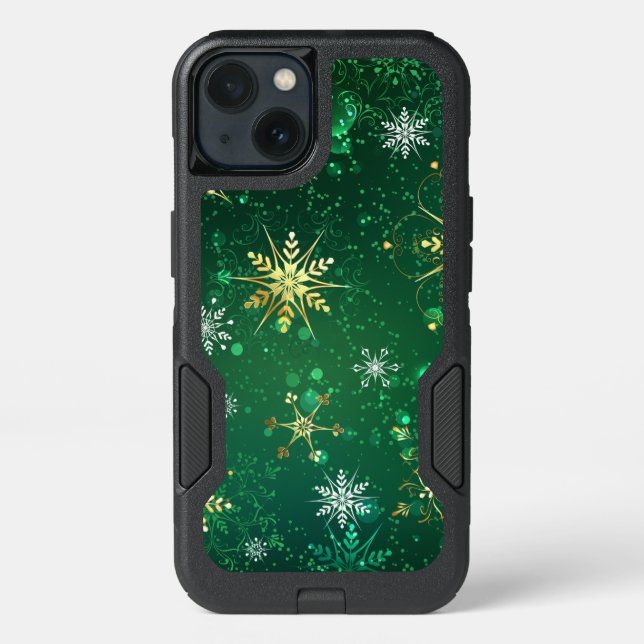 Xmas Golden Snowflakes on Green Background Otterbox iPhone Case (Back)