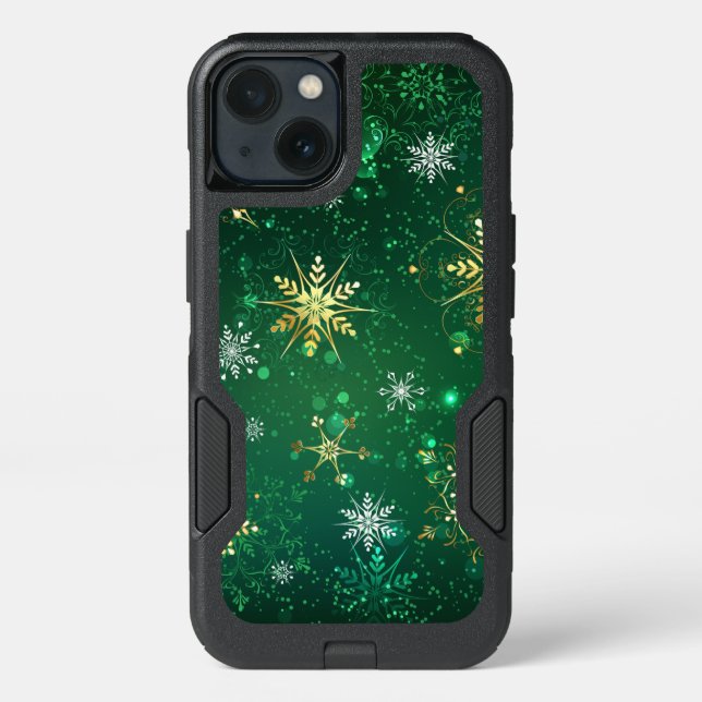 Xmas Golden Snowflakes on Green Background Otterbox iPhone Case (Back)