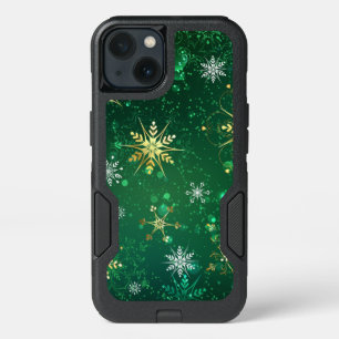 Xmas Golden Snowflakes on Green Background iPhone 13 Case