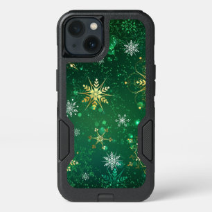 Xmas Golden Snowflakes on Green Background iPhone 13 Case