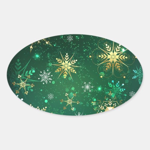 Xmas Golden Snowflakes on Green Background Oval Sticker