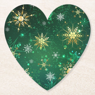 Xmas Golden Snowflakes on Green Background Paper Coaster
