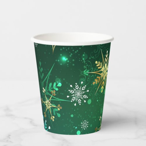 Xmas Golden Snowflakes on Green Background Paper Cups