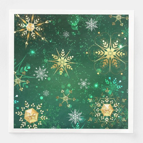 Xmas Golden Snowflakes on Green Background Paper Dinner Napkins