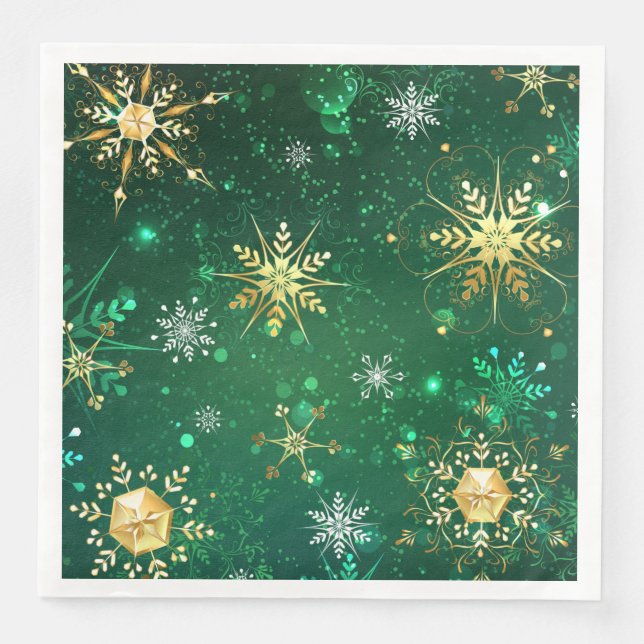 Xmas Golden Snowflakes on Green Background Paper Dinner Napkins (Front)