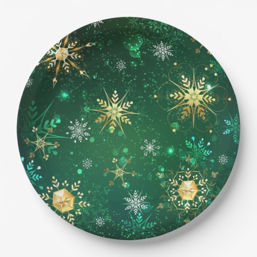 Xmas Golden Snowflakes on Green Background Paper Plates