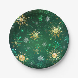 Xmas Golden Snowflakes on Green Background Paper Plates