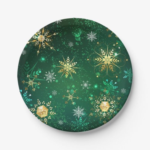 Xmas Golden Snowflakes on Green Background Paper Plates