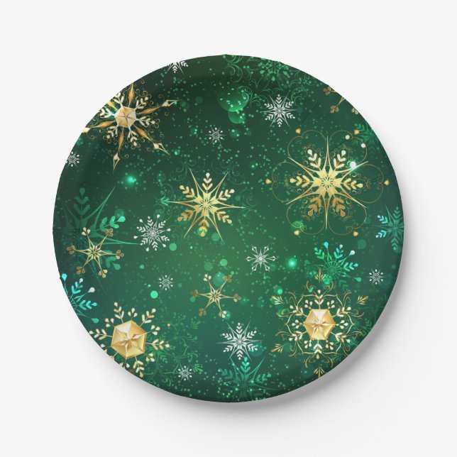 Xmas Golden Snowflakes on Green Background Paper Plates (Front)