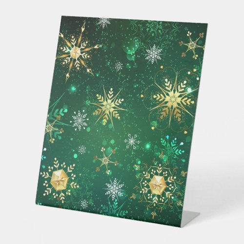 Xmas Golden Snowflakes on Green Background Pedestal Sign