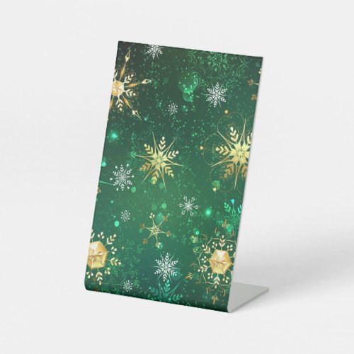 Xmas Golden Snowflakes on Green Background Pedestal Sign