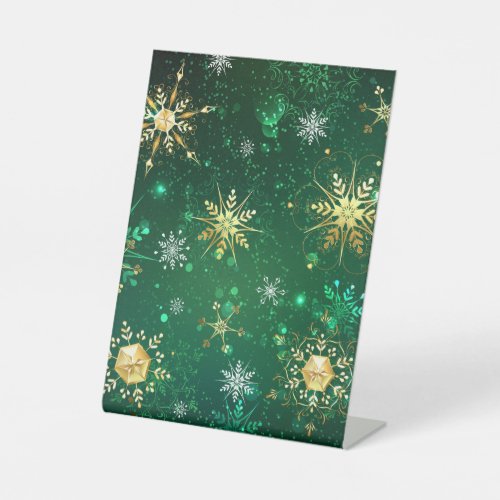 Xmas Golden Snowflakes on Green Background Pedestal Sign