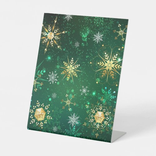 Xmas Golden Snowflakes on Green Background Pedestal Sign