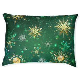 Xmas Golden Snowflakes on Green Background Pet Bed