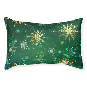 Xmas Golden Snowflakes on Green Background Pet Bed
