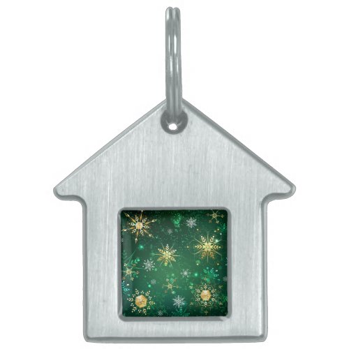 Xmas Golden Snowflakes on Green Background Pet ID Tag