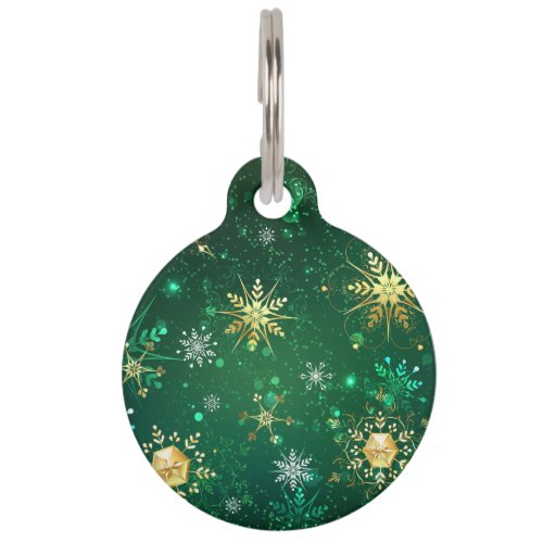 Xmas Golden Snowflakes on Green Background Pet ID Tag