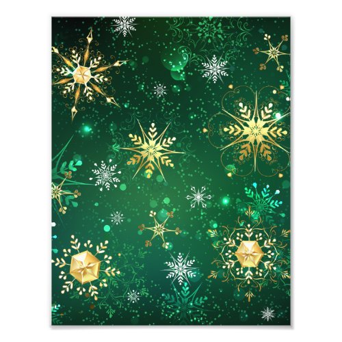 Xmas Golden Snowflakes on Green Background Photo Print