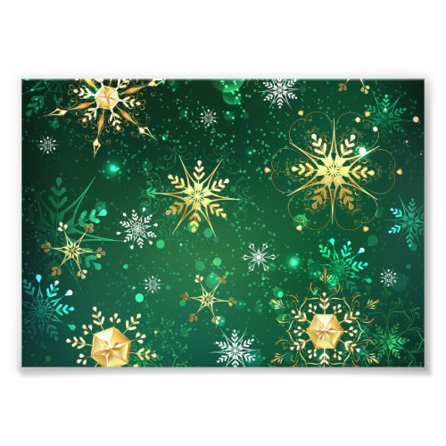 Xmas Golden Snowflakes on Green Background Photo Print