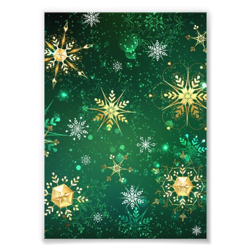 Xmas Golden Snowflakes on Green Background Photo Print