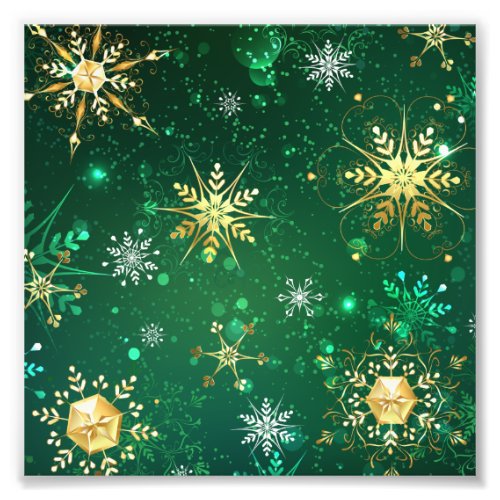 Xmas Golden Snowflakes on Green Background Photo Print