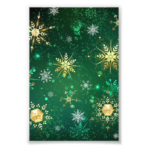 Xmas Golden Snowflakes on Green Background Photo Print