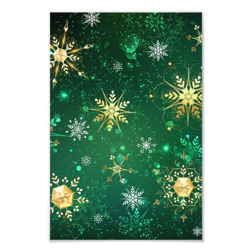 Xmas Golden Snowflakes on Green Background Photo Print