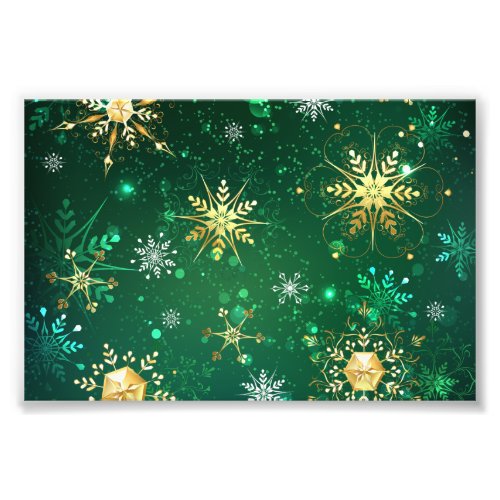 Xmas Golden Snowflakes on Green Background Photo Print