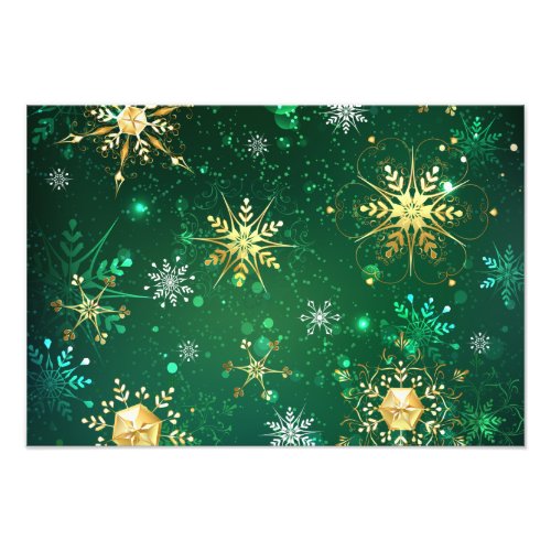 Xmas Golden Snowflakes on Green Background Photo Print