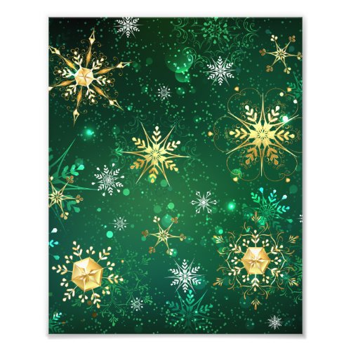 Xmas Golden Snowflakes on Green Background Photo Print