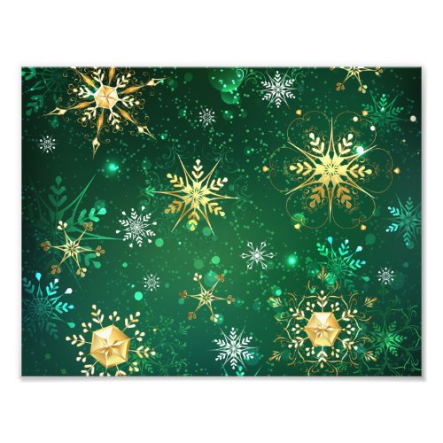 Xmas Golden Snowflakes on Green Background Photo Print