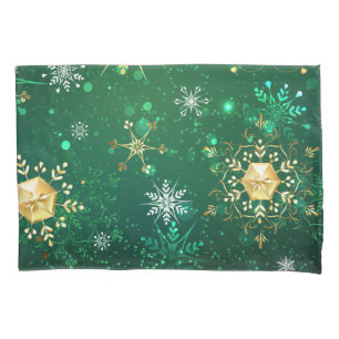 Xmas Golden Snowflakes on Green Background Pillow Case